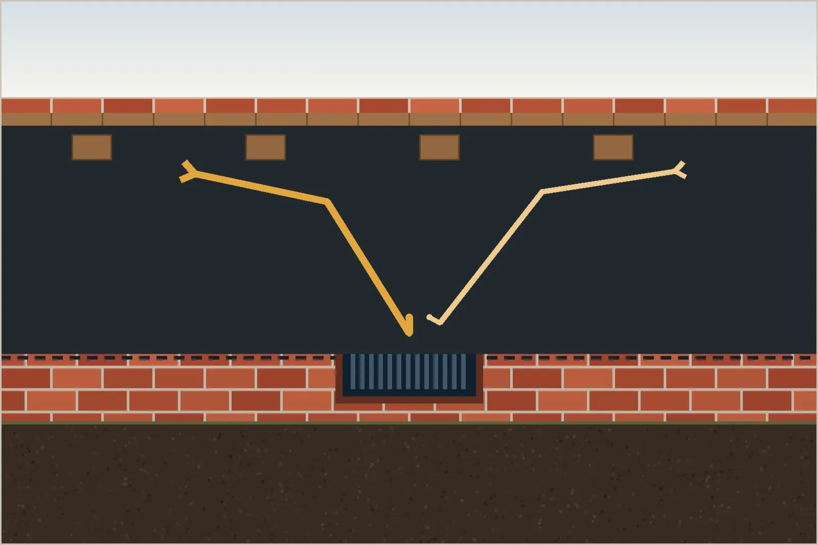 A clear air brick set into a brick wall, ventilating the void beneath a suspended timber floor