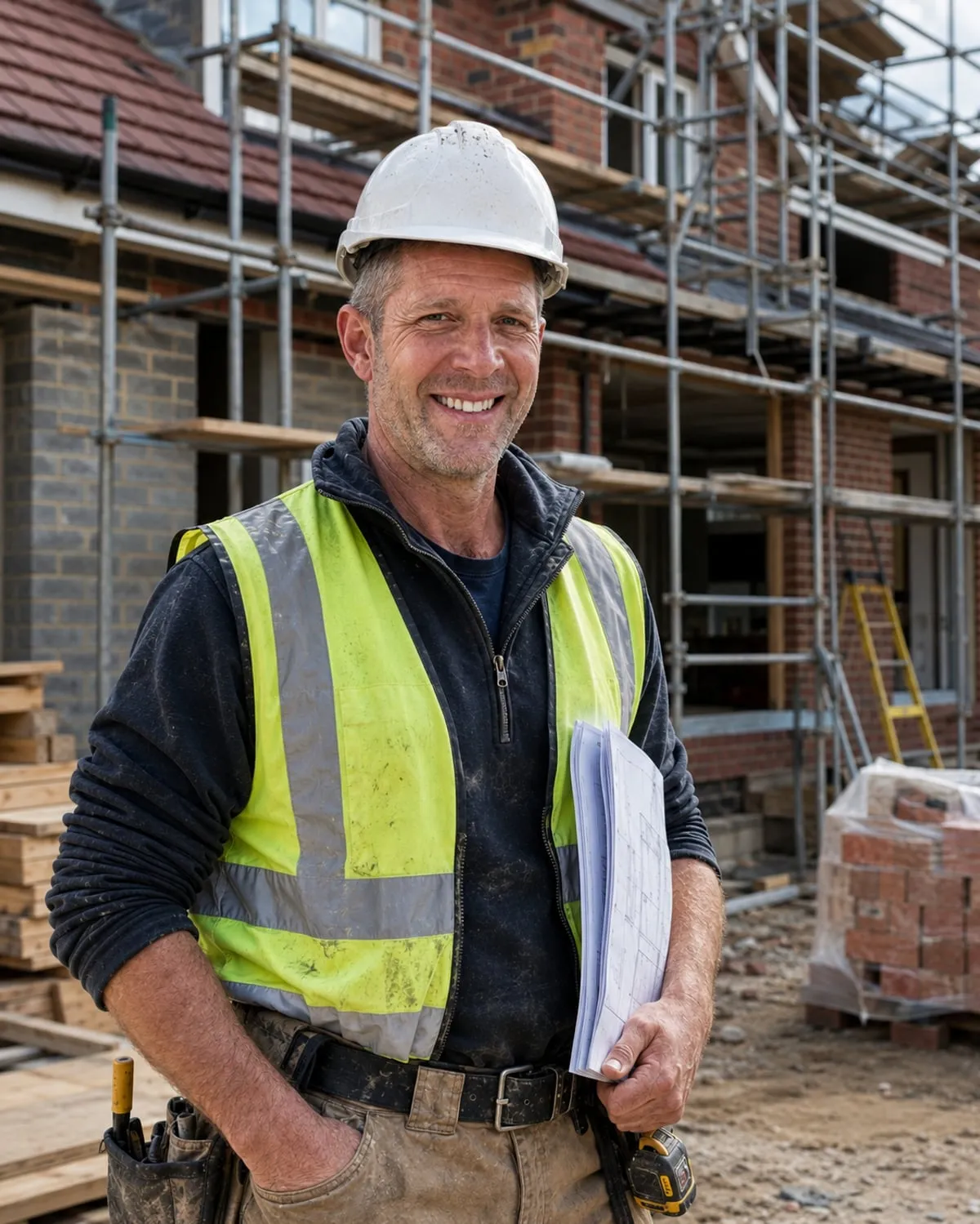 Ben, lead building consultant at Chat to Your Builder, on site in hard hat and hi-vis